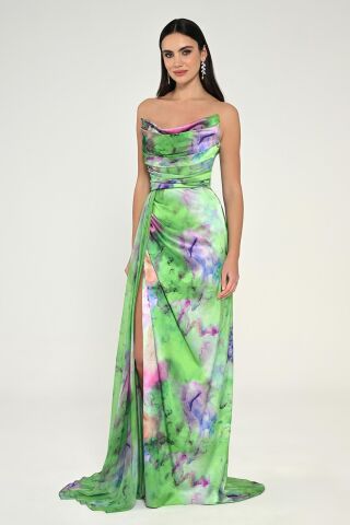 Kayık Yaka Yırtmaçlı Desenli Saten Elbise DESEN YEŞİL - 38