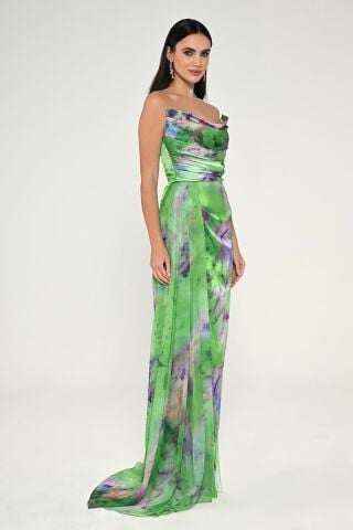 Kayık Yaka Yırtmaçlı Desenli Saten Elbise DESEN YEŞİL - 38