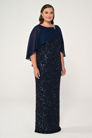 Şifon Şallı Broşlu Payet Uzun Elbise Lacivert - 48