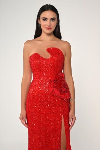 Straplez Göğüsü Asimetrik Kesim Payet Kumaş Uzun Elbise Kırmızı - 36