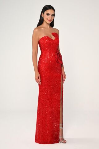 Straplez Göğüsü Asimetrik Kesim Payet Kumaş Uzun Elbise Kırmızı - 36