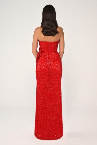 Straplez Göğüsü Asimetrik Kesim Payet Kumaş Uzun Elbise Kırmızı - 40