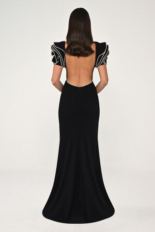 Omzu Taşlı A Kesim Krep Uzun Elbise Siyah - 40