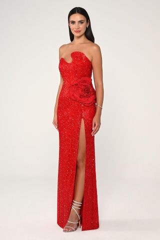 Straplez Göğüsü Asimetrik Kesim Payet Kumaş Uzun Elbise Kırmızı - 42