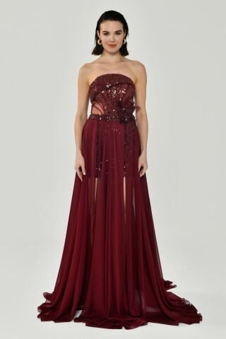 Straplez Üst Pul Payetli Alt Şİfon Çiçek Aksuarlı Uzun Elbise Bordo - 42