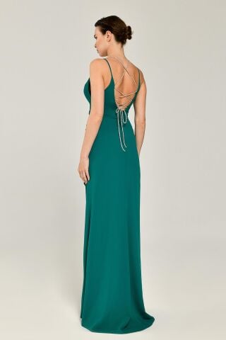 Derin Dekolte Sırt Taşlı İp Yırtmaçlı Uzun Elbise ZÜMRÜT - 38