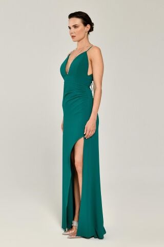 Derin Dekolte Sırt Taşlı İp Yırtmaçlı Uzun Elbise ZÜMRÜT - 38