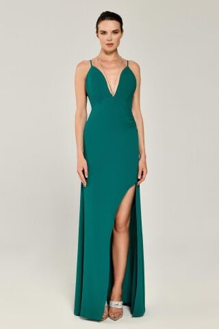 Derin Dekolte Sırt Taşlı İp Yırtmaçlı Uzun Elbise ZÜMRÜT - 40