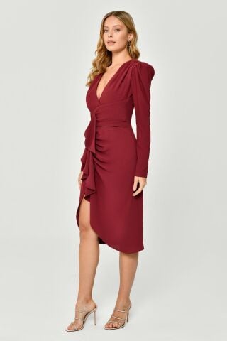 Uzun Kol Derin V Yaka Vatkalı Yandan Bağlamalı Krep Midi Elbise Bordo - 38