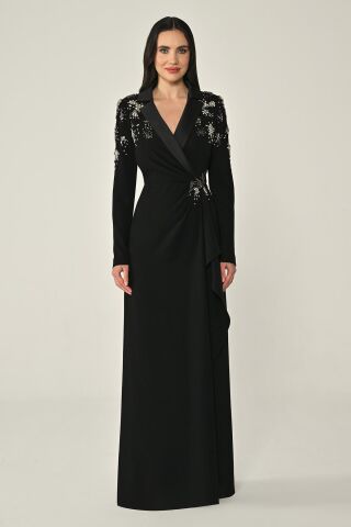 Uzun Kollu Kruvaze Omzu ve Beli Aksesuarlı Uzun Krep Elbise Siyah - 46