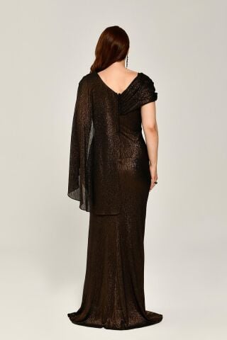 Simli Kumaş Tek Omuz Şallı Beli Broşlu Uzun Elbise ALTIN - 42