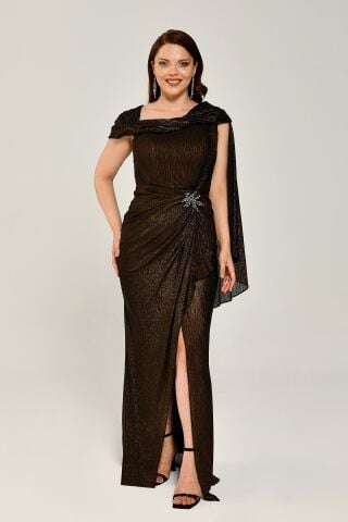 Simli Kumaş Tek Omuz Şallı Beli Broşlu Uzun Elbise ALTIN - 42