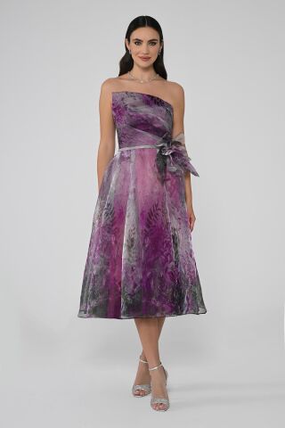 Straplez İçi Tafta Dışı İpek Organze Kumaş Midi Elbise FUŞYA / YEŞİL - 42