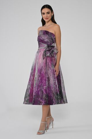 Straplez İçi Tafta Dışı İpek Organze Kumaş Midi Elbise FUŞYA / YEŞİL - 42