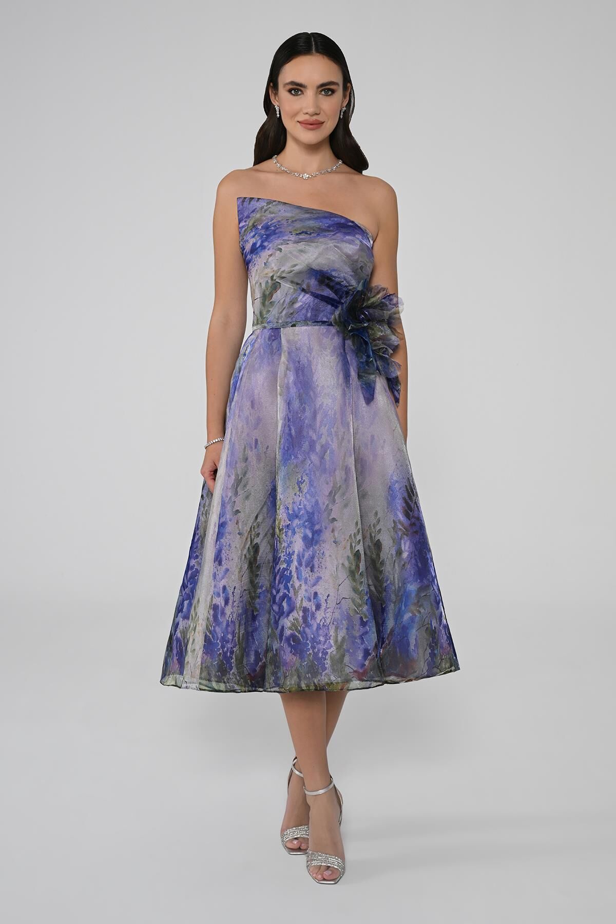 Straplez İçi Tafta Dışı İpek Organze Kumaş Midi Elbise MOR YEŞİL - 38