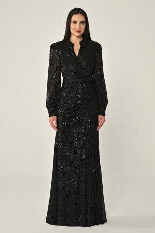 Yakalı Uzun Kollu Kemerli Payet Uzun Elbise