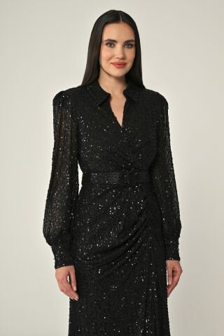 Yakalı Uzun Kollu Kemerli Payet Uzun Elbise