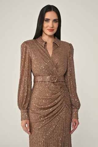 Yakalı Uzun Kollu Kemerli Payet Uzun Elbise