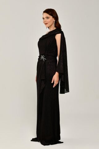 Simli Kumaş Tek Omuz Şallı Beli Broşlu Uzun Elbise Mürdüm - 44