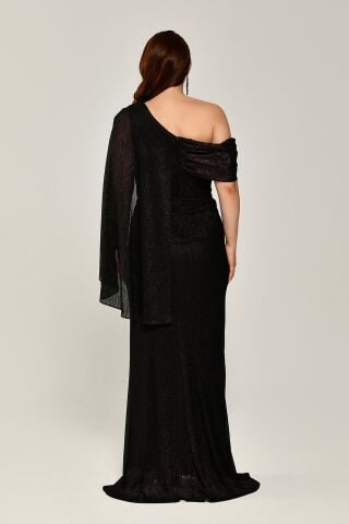 Simli Kumaş Tek Omuz Şallı Beli Broşlu Uzun Elbise Mürdüm - 44