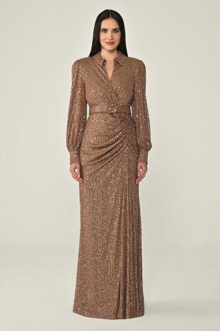 Yakalı Uzun Kollu Kemerli Payet Uzun Elbise