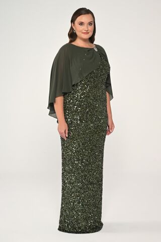 Şifon Şallı Broşlu Payet Uzun Elbise Haki - 44