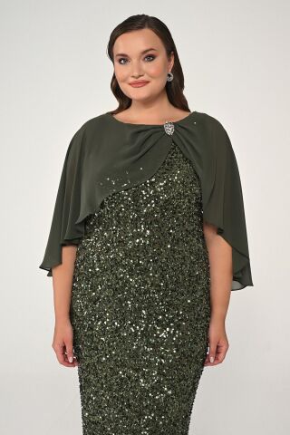 Şifon Şallı Broşlu Payet Uzun Elbise Haki - 44