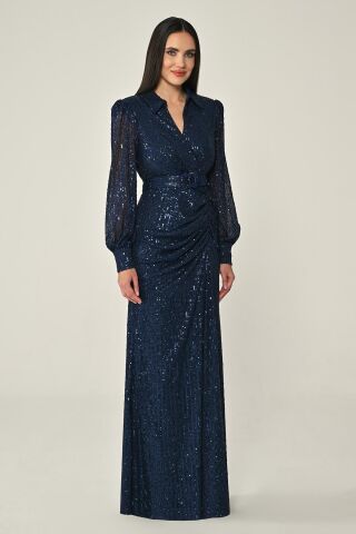 Yakalı Uzun Kollu Kemerli Payet Uzun Elbise Lacivert - 44