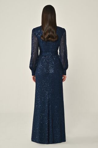 Yakalı Uzun Kollu Kemerli Payet Uzun Elbise Lacivert - 44