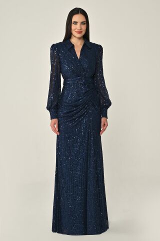 Yakalı Uzun Kollu Kemerli Payet Uzun Elbise Lacivert - 44