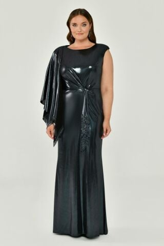 Tek Omuz Şallı Püskül Kuşaklı Parlak Kumaş Uzun Elbise SİYAH / MAVİ - 48