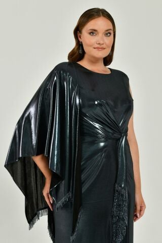 Tek Omuz Şallı Püskül Kuşaklı Parlak Kumaş Uzun Elbise SİYAH / MAVİ - 48