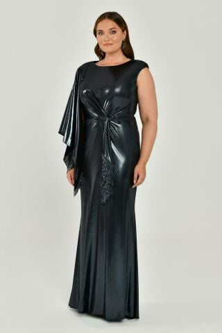 Tek Omuz Şallı Püskül Kuşaklı Parlak Kumaş Uzun Elbise SİYAH / MAVİ - 48