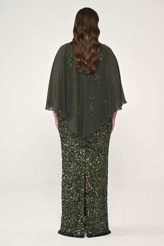 Şifon Şallı Broşlu Payet Uzun Elbise Haki - 46