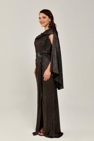 Simli Kumaş Tek Omuz Şallı Beli Broşlu Uzun Elbise BAKIR - 42