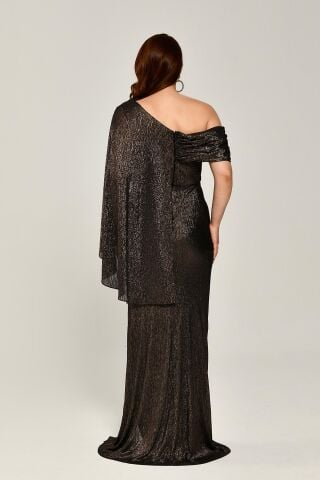 Simli Kumaş Tek Omuz Şallı Beli Broşlu Uzun Elbise BAKIR - 42