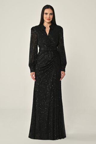 Yakalı Uzun Kollu Kemerli Payet Uzun Elbise Siyah - 42