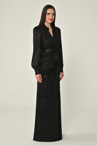 Yakalı Uzun Kollu Kemerli Payet Uzun Elbise Siyah - 42