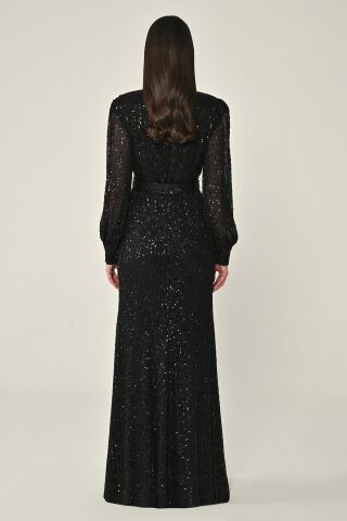 Yakalı Uzun Kollu Kemerli Payet Uzun Elbise Siyah - 46