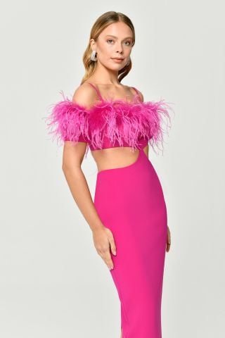 Düşük Otrişli Omuz Beli Pencere Detaylı Tafta Uzun Elbise Fuşya - 38