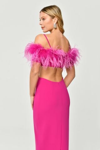 Düşük Otrişli Omuz Beli Pencere Detaylı Tafta Uzun Elbise Fuşya - 38