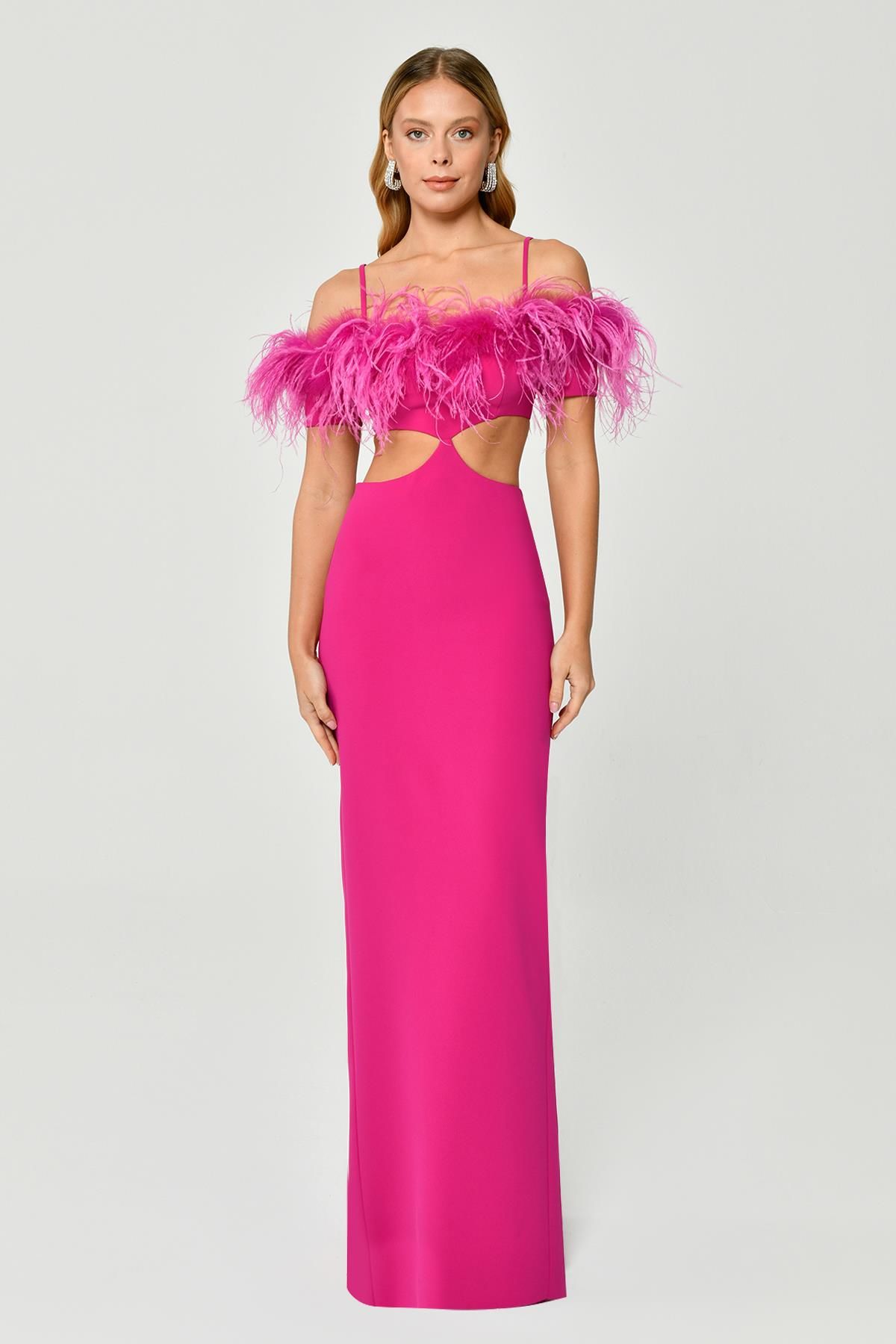 Düşük Otrişli Omuz Beli Pencere Detaylı Tafta Uzun Elbise Fuşya - 38