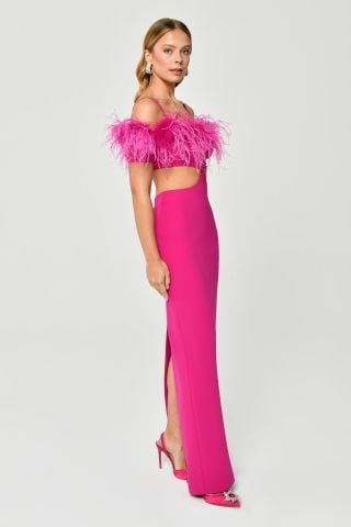 Düşük Otrişli Omuz Beli Pencere Detaylı Tafta Uzun Elbise Fuşya - 38