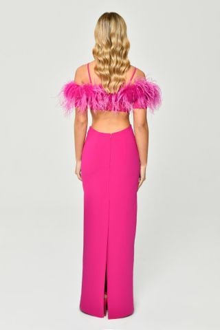 Düşük Otrişli Omuz Beli Pencere Detaylı Tafta Uzun Elbise Fuşya - 38