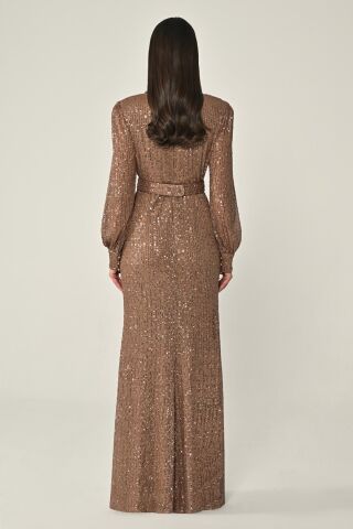 Yakalı Uzun Kollu Kemerli Payet Uzun Elbise VİZON - 44