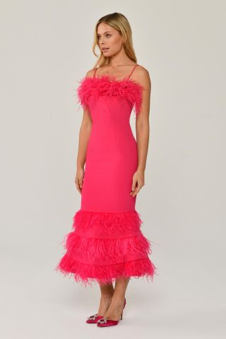İp Askılı Göğüs Ve Eteği Tüylü Balık Midi Elbise AÇIK FUŞYA - 44