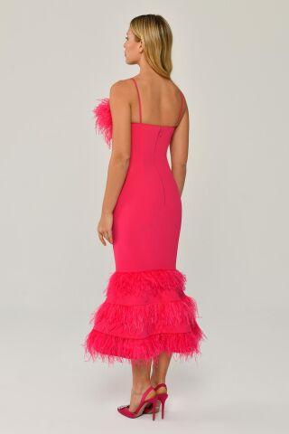 İp Askılı Göğüs Ve Eteği Tüylü Balık Midi Elbise AÇIK FUŞYA - 44