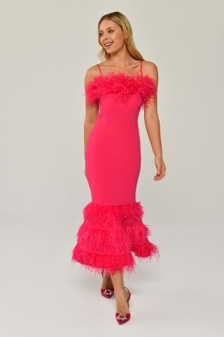 İp Askılı Göğüs Ve Eteği Tüylü Balık Midi Elbise AÇIK FUŞYA - 44