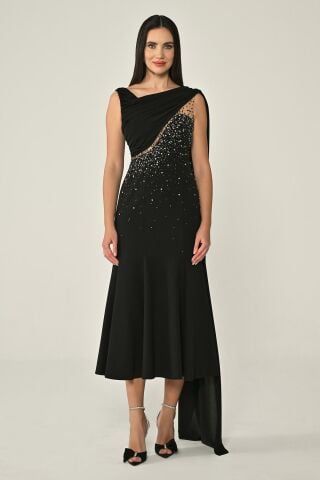 Şal Aksesuarlı Taşlı Krep Midi Elbise