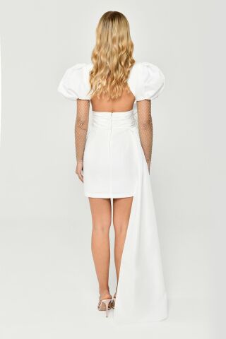 Taşlı File Kol V Yaka Yandan Kuyruklu Tafta Kumaş Kısa Elbise Beyaz - 42